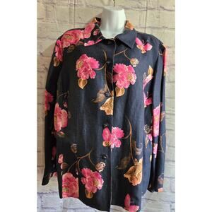 Emma James Dark Blue Pink Floral Button Up Shirt 16W Plus Pointed Collar